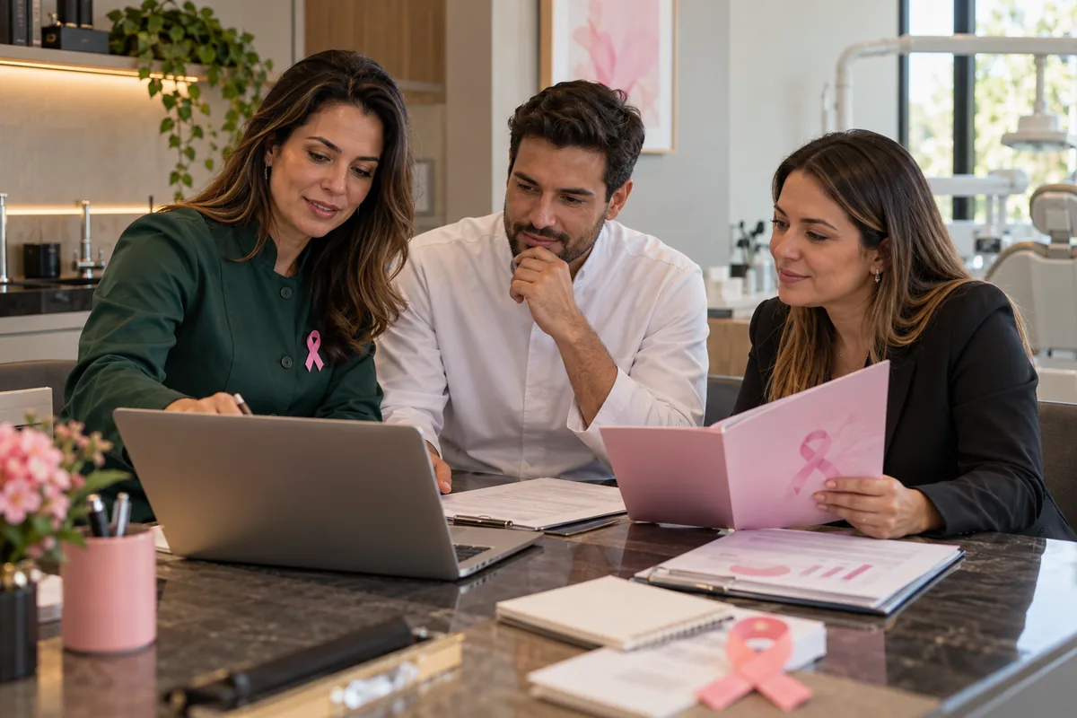 Médica, dentista e gestora planejam uma campanha de Outubro Rosa em uma clínica
