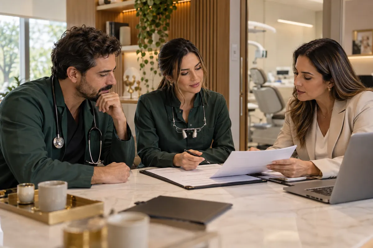 Médico, dentista e consultora analisam um contrato de prestação de serviços em uma clínica